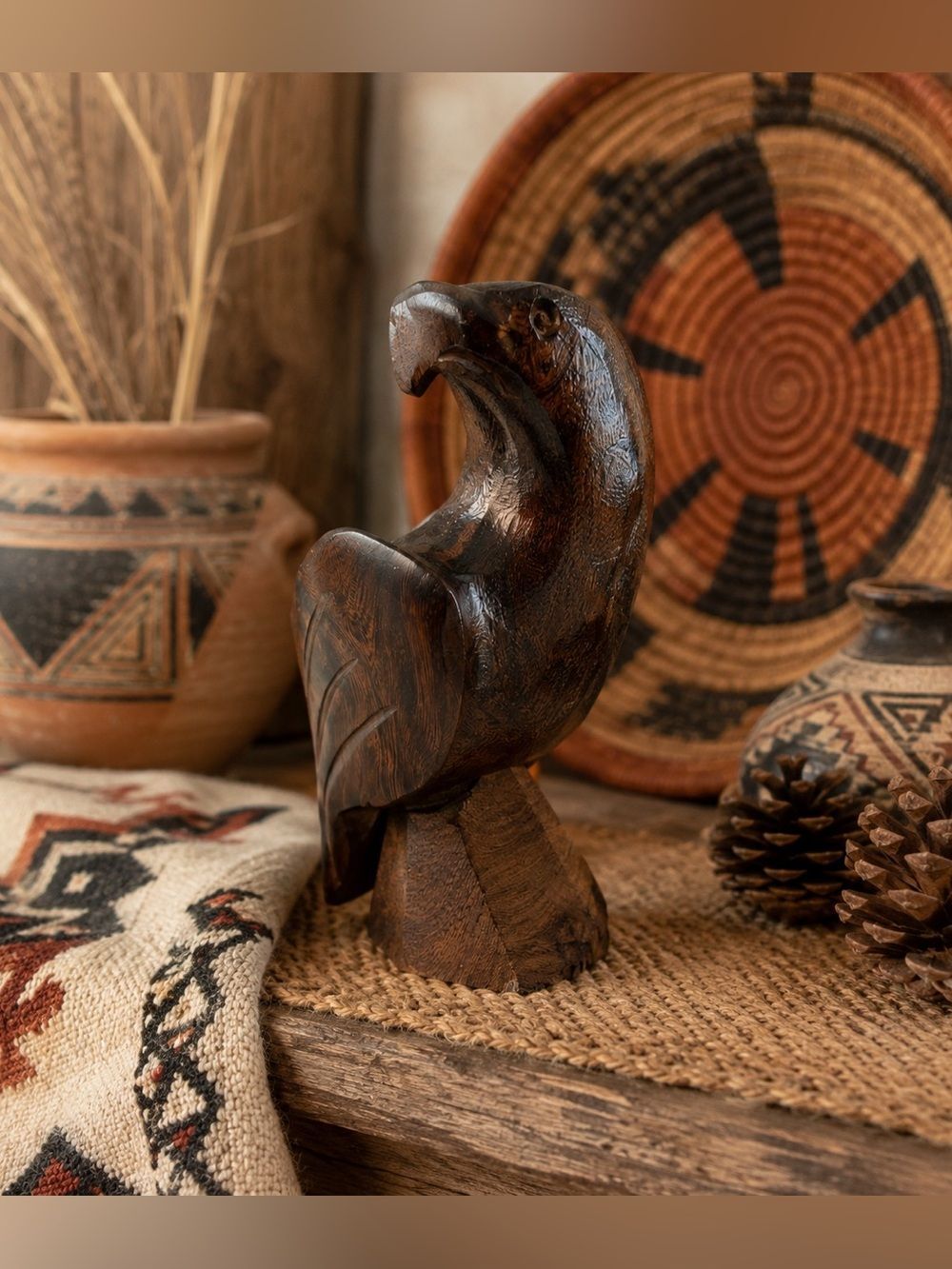 Vintage Hand Carved Wooden Eagle Sculpture Rustic Folk Art Eagle Figurine Cabin
